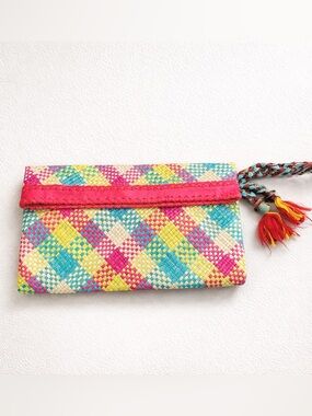 Anthropologie Woven Clutch Boho Resort Colorful Tassel Bag